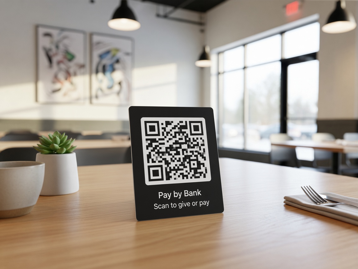 Person scanning a Pay by Bank QR code on a printed card