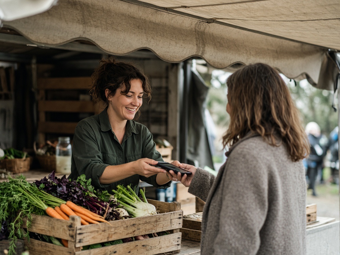 Market stall counter where a customer pays from a phone