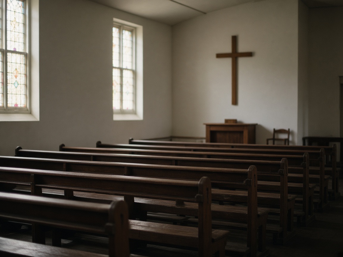Quiet church interior with wooden pews and a simple cross