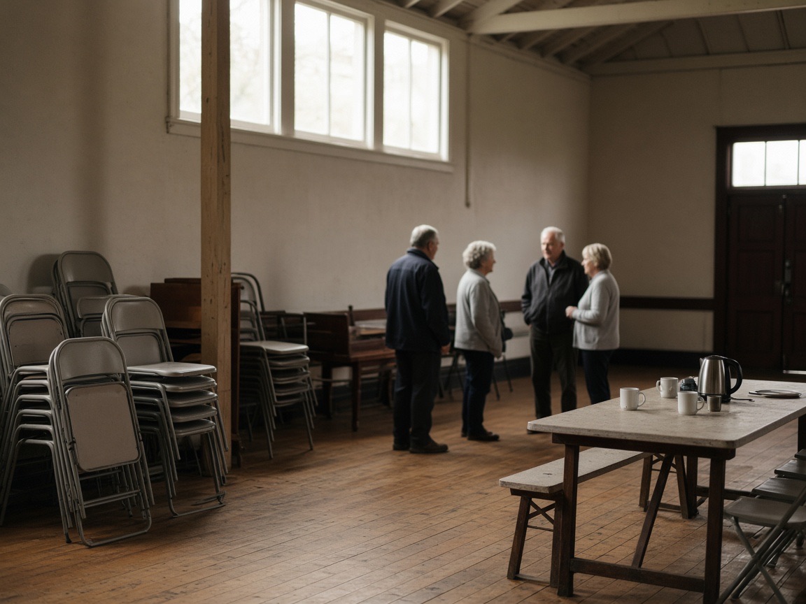 People talking in a community hall with stacked chairs