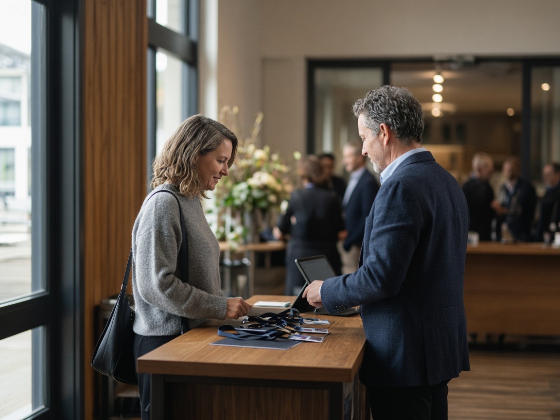 Attendees checking in at a conference registration table