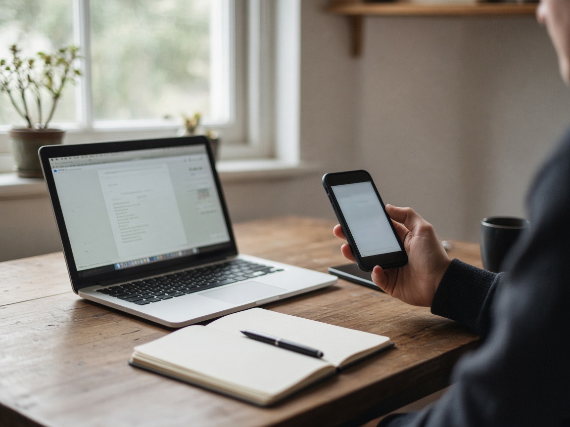 Laptop and phone on a desk for copying a payment link