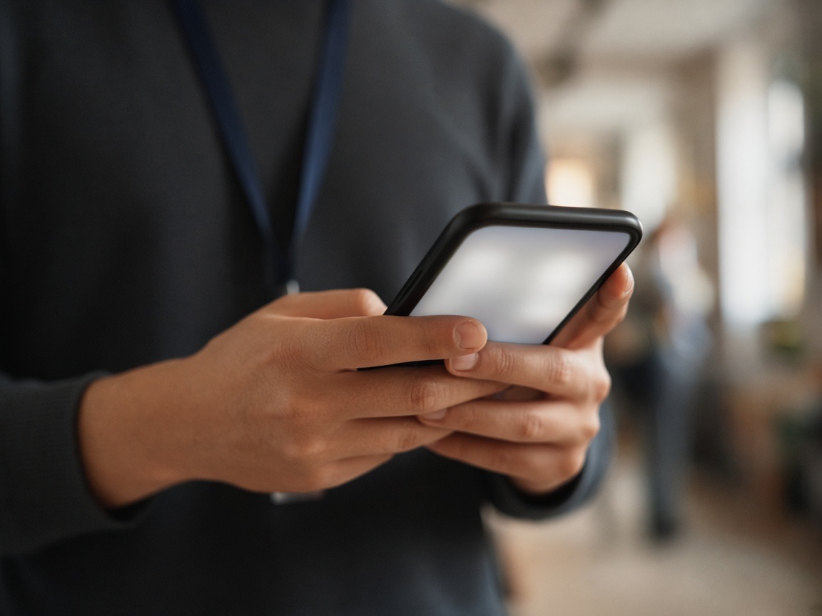 Attendee holding a phone with their booking pass