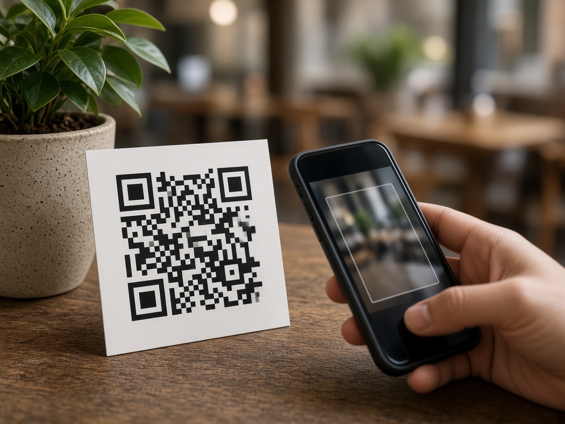 Printed QR card on a counter ready to scan