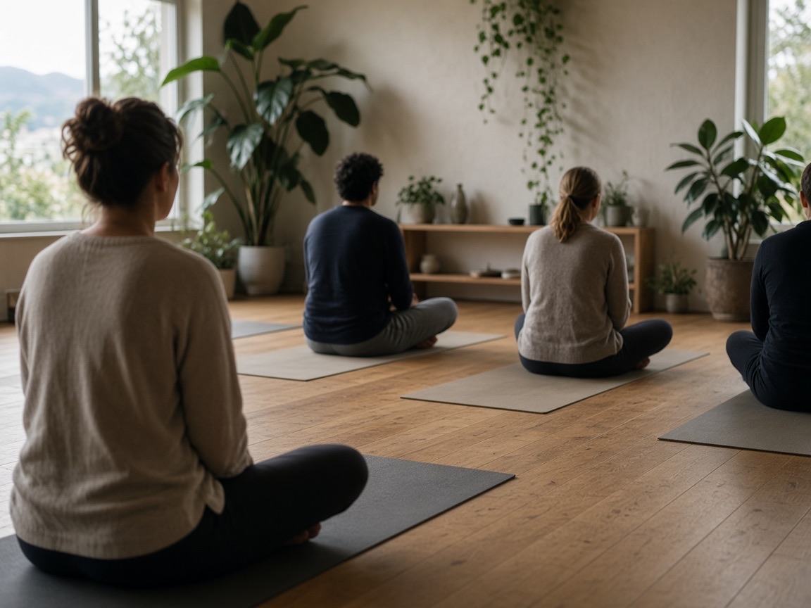 People sitting on mats before a studio class