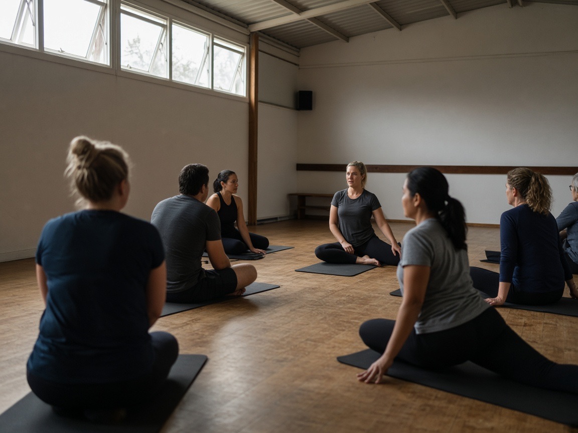 Fitness class in a small gym hall